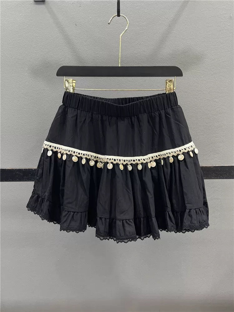 White lace cake skirt female 2025 summer design tassel slim A-line puffy skirt short skirt