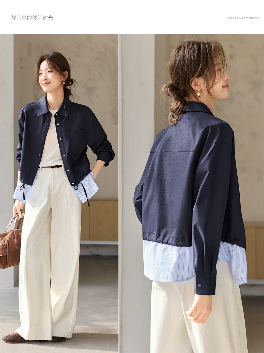 Mohan Yimei fake two-piece shirt jacket 2025 autumn new contrast striped design splicing jacket for women