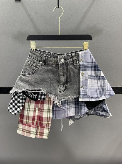 Zhang Yuanying and Zhao Zhaoyi same style skirt for women 2024 summer irregular splicing culottes hot girl denim short skirt trendy