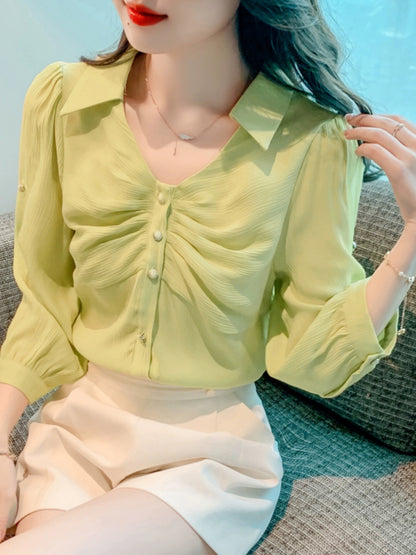 Korean style loose three-quarter sleeve shirt tops for women professional early spring 2024 summer new temperament versatile chiffon shirt