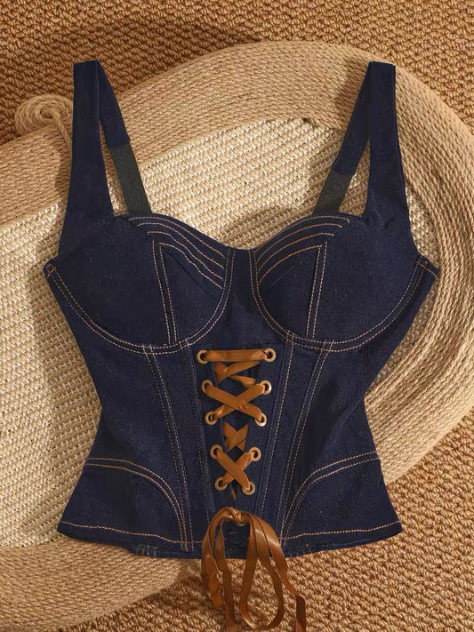 Lace-up sexy denim tank top with a cinched waist, short style, suitable for layering or wearing on its own, unique design, slim fit, and flattering.