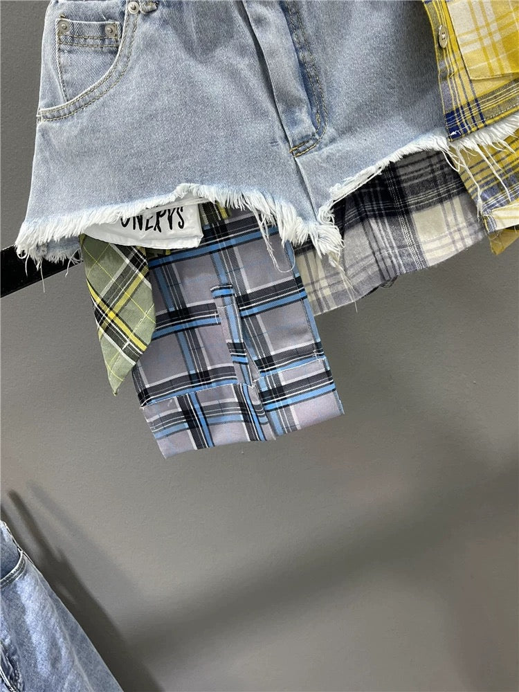 Zhang Yuanying and Zhao Zhaoyi same style skirt for women 2024 summer irregular splicing culottes hot girl denim short skirt trendy