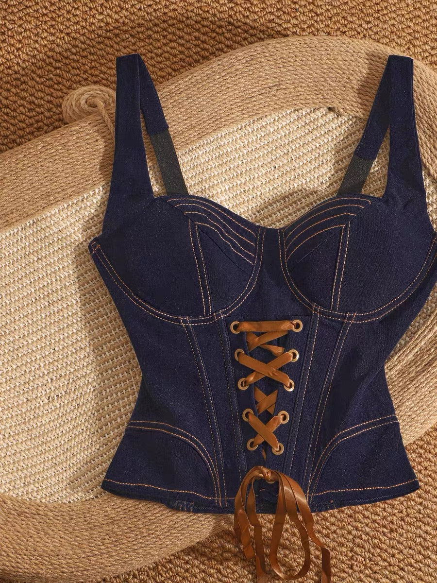 Lace-up sexy denim tank top with a cinched waist, short style, suitable for layering or wearing on its own, unique design, slim fit, and flattering.