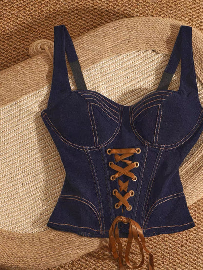 Lace-up sexy denim tank top with a cinched waist, short style, suitable for layering or wearing on its own, unique design, slim fit, and flattering.