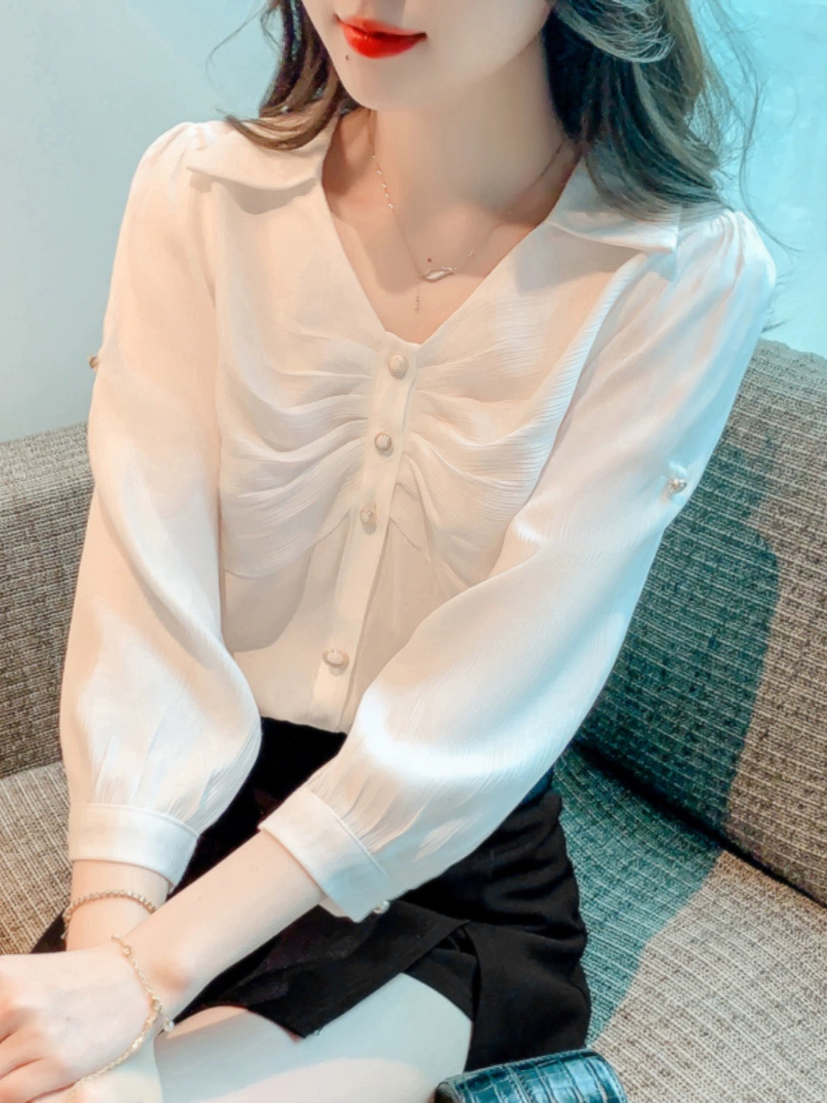 Korean style loose three-quarter sleeve shirt tops for women professional early spring 2024 summer new temperament versatile chiffon shirt