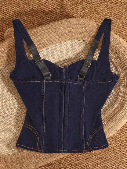 Lace-up sexy denim tank top with a cinched waist, short style, suitable for layering or wearing on its own, unique design, slim fit, and flattering.