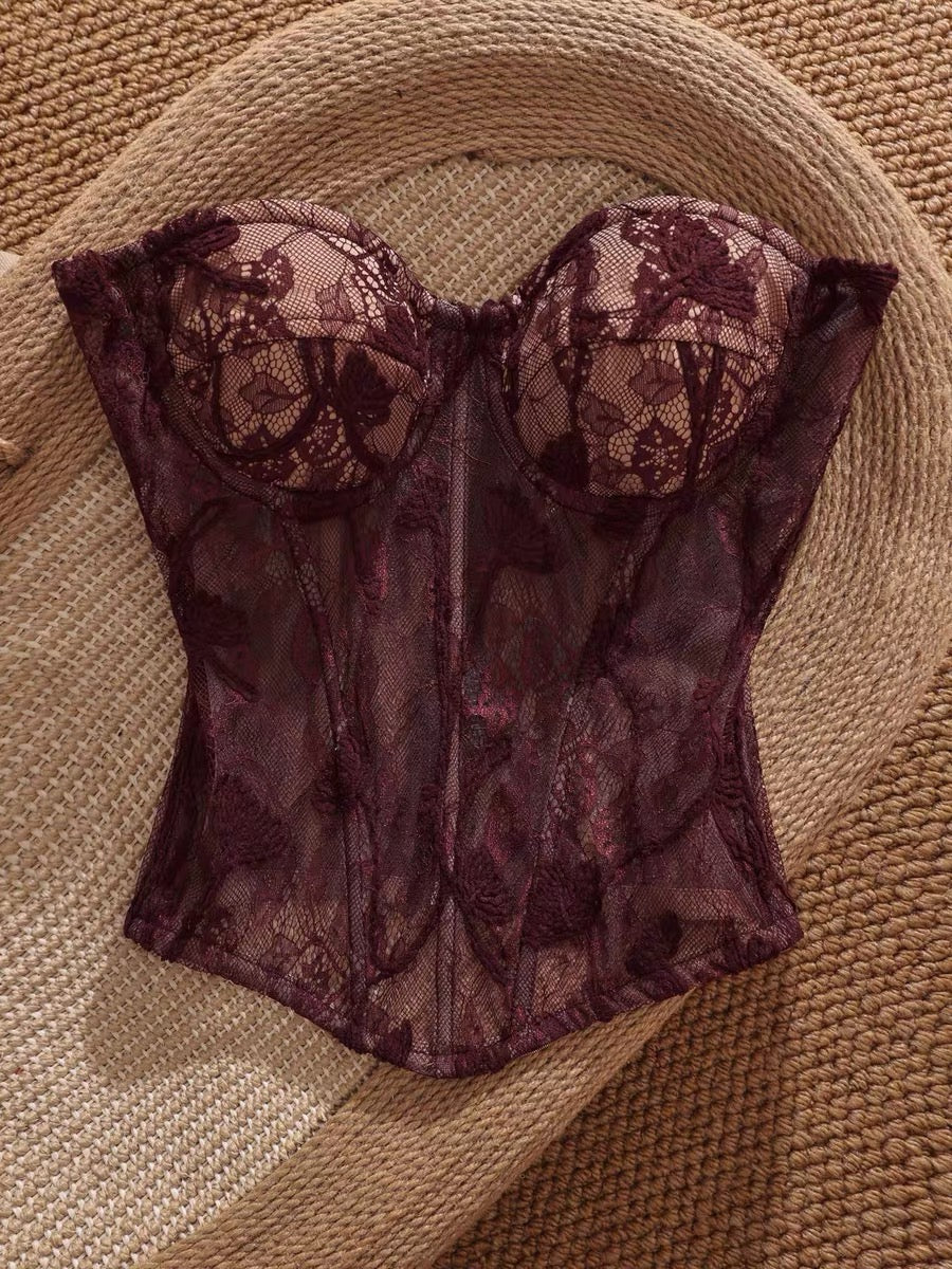 French retro lace camisole tank top for women, strapless, sexy, slimming, elegant, and versatile.