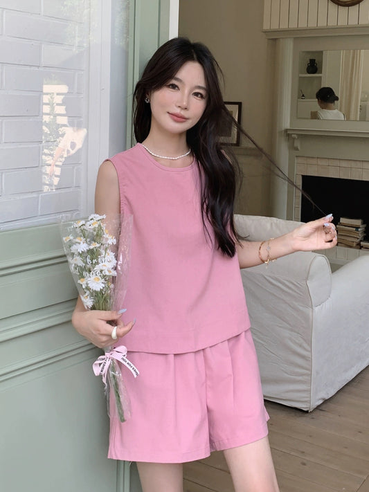 Pink sleeveless top shorts suit for women summer 2024 new style this year's popular slimming royal sister style sweet and cool two-piece set