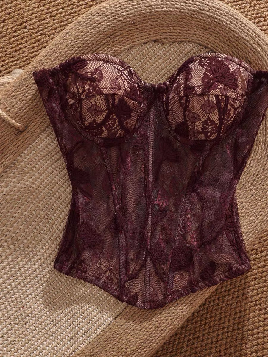 French retro lace camisole tank top for women, strapless, sexy, slimming, elegant, and versatile.