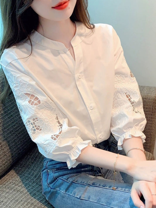 Heavy embroidery bubble lantern short-sleeved shirt for women spring 2024 summer thin shirt three-quarter sleeve white chiffon top