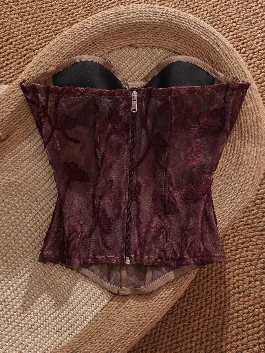 French retro lace camisole tank top for women, strapless, sexy, slimming, elegant, and versatile.