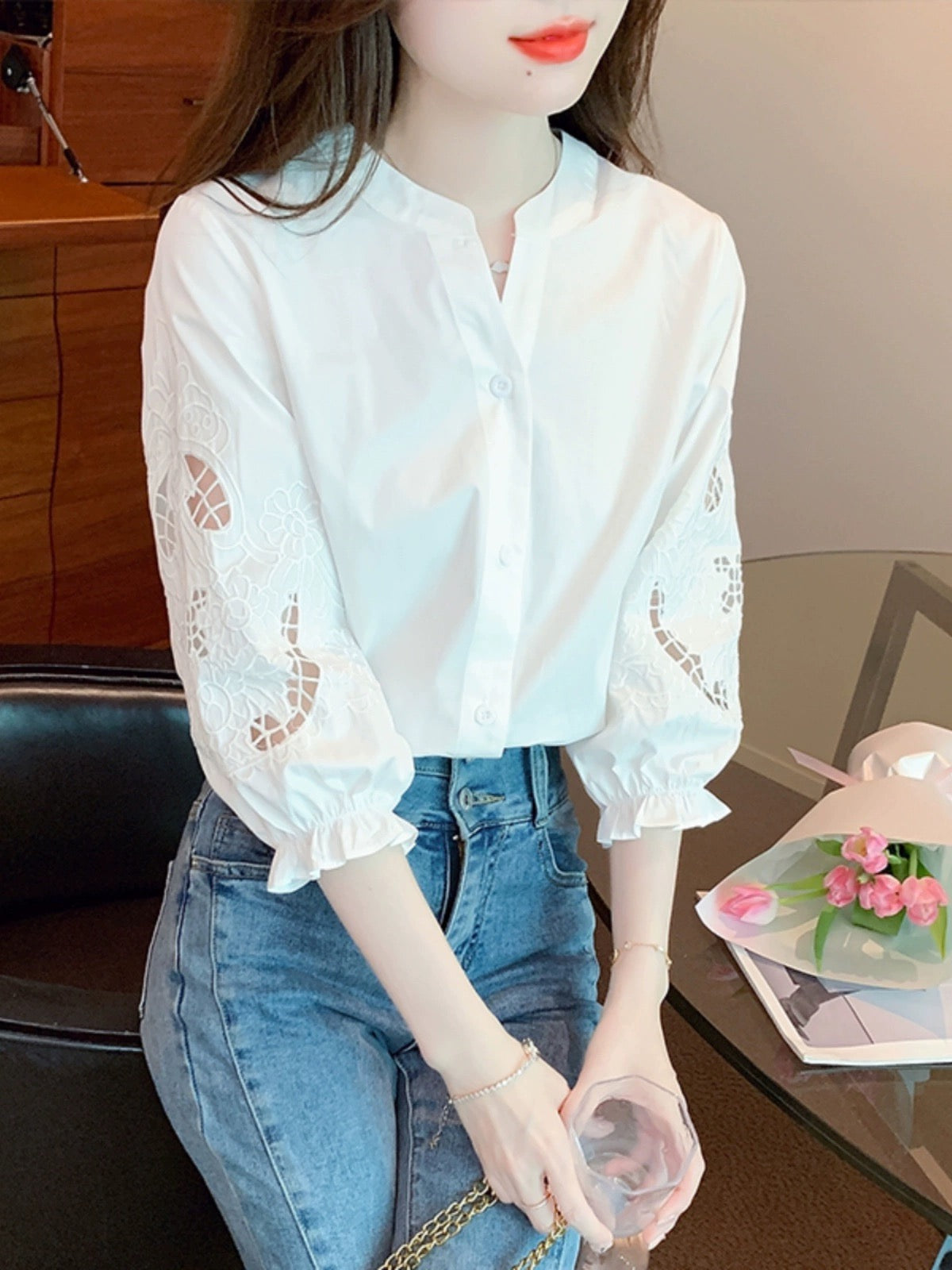 Heavy embroidery bubble lantern short-sleeved shirt for women spring 2024 summer thin shirt three-quarter sleeve white chiffon top