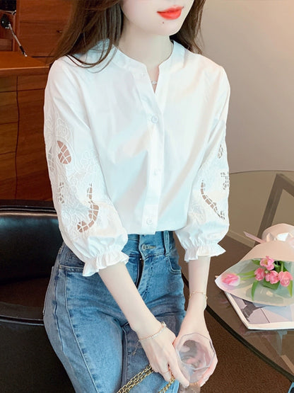 Heavy embroidery bubble lantern short-sleeved shirt for women spring 2024 summer thin shirt three-quarter sleeve white chiffon top