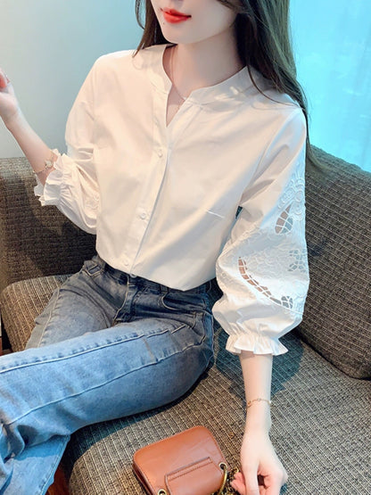 Heavy embroidery bubble lantern short-sleeved shirt for women spring 2024 summer thin shirt three-quarter sleeve white chiffon top