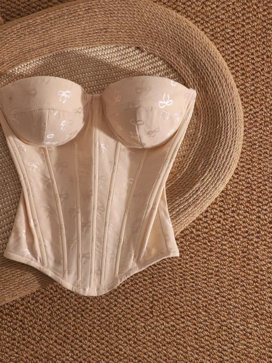 Pure and alluring off-the-shoulder fishbone bralette top with bow print, perfect for layering or wearing alone, slimming and flattering.