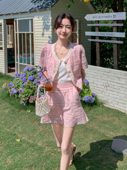 Pink celebrity style small fragrance suit for women summer 2024 new style stunning lace hollow top shorts two-piece set