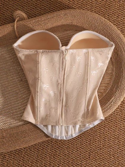 Pure and alluring off-the-shoulder fishbone bralette top with bow print, perfect for layering or wearing alone, slimming and flattering.