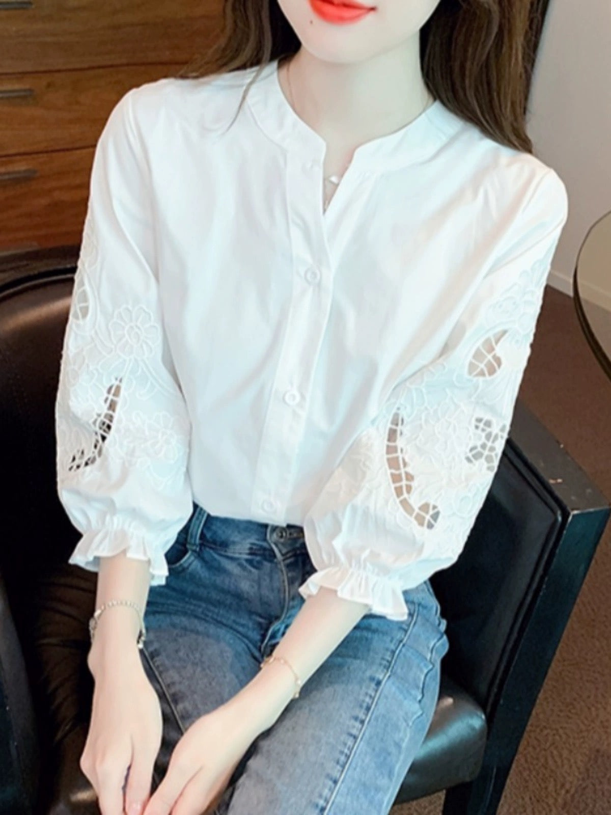 Heavy embroidery bubble lantern short-sleeved shirt for women spring 2024 summer thin shirt three-quarter sleeve white chiffon top