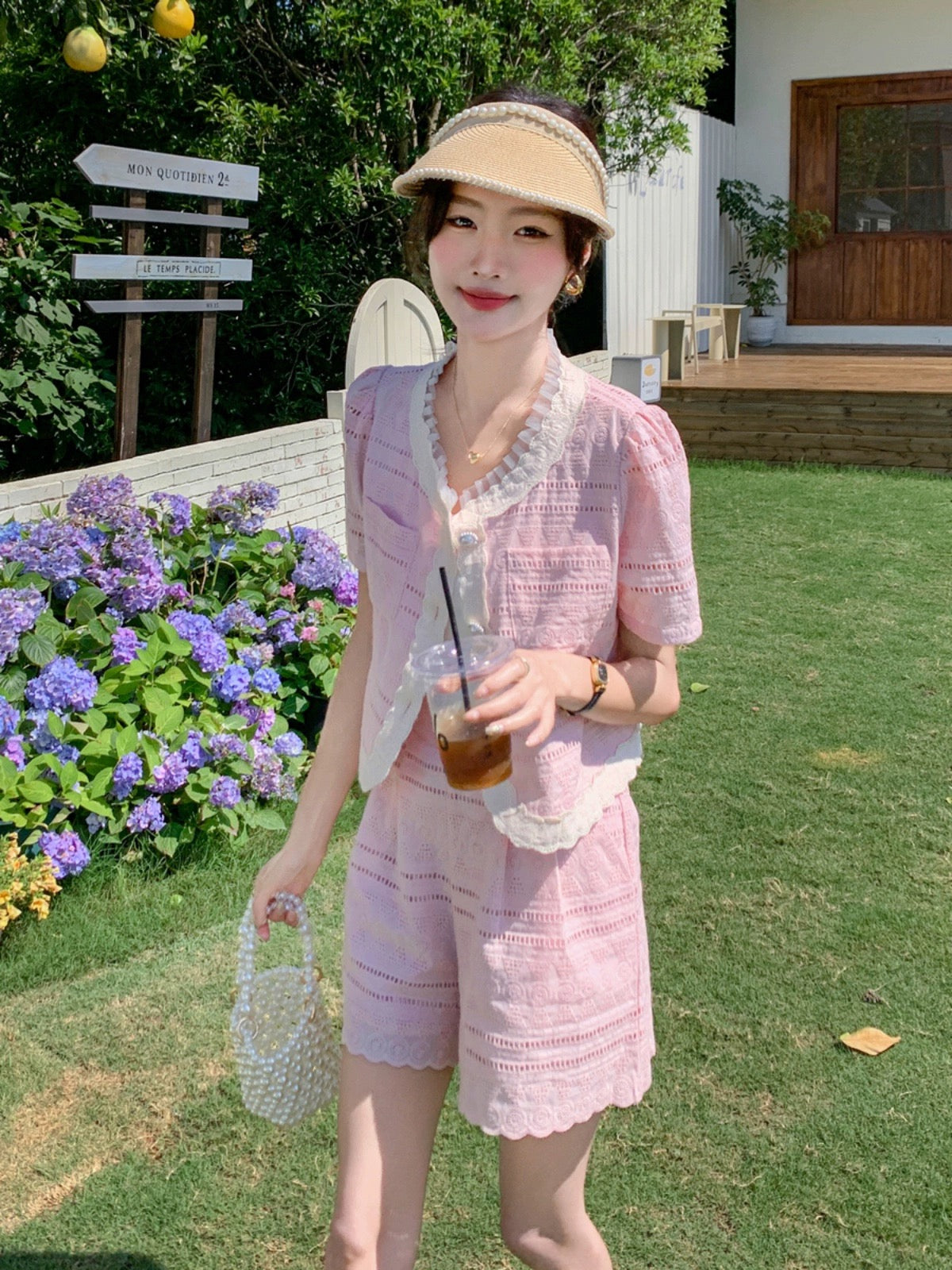Pink celebrity style small fragrance suit for women summer 2024 new style stunning lace hollow top shorts two-piece set