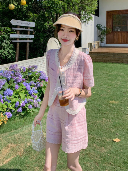 Pink celebrity style small fragrance suit for women summer 2024 new style stunning lace hollow top shorts two-piece set