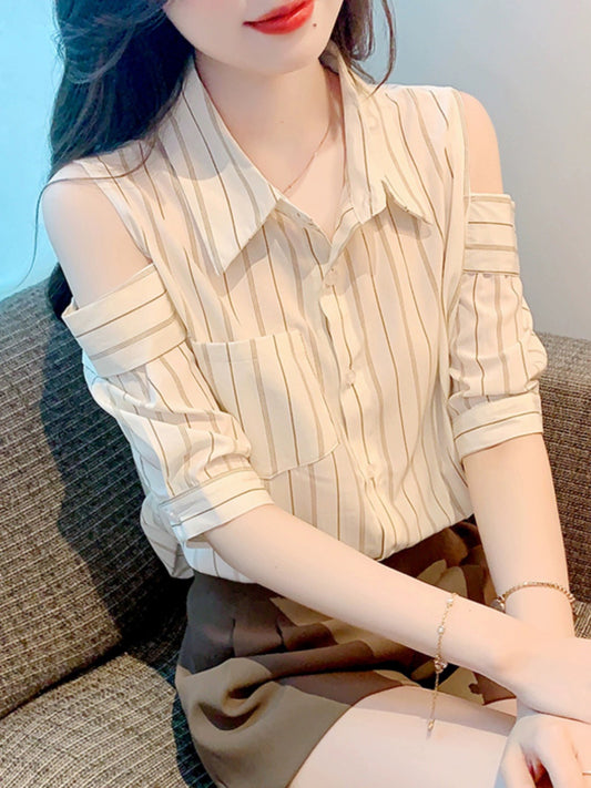 French fashion temperament striped off-shoulder shirt women's short-sleeved versatile slimming age-reducing shirt popular chic top