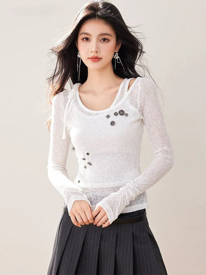 Very good-looking fake two-piece slim-fit thin knitted T-shirt for women's autumn design unique and chic cardigan top