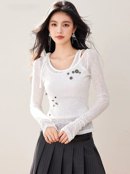 Very good-looking fake two-piece slim-fit thin knitted T-shirt for women's autumn design unique and chic cardigan top