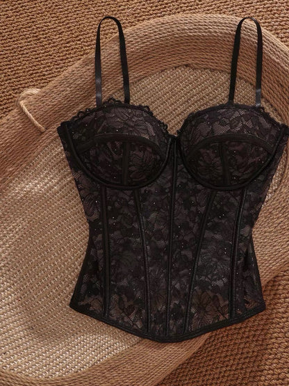 French-style black lace cinched waist halter top, unique style, sophisticated and sexy strapless top for women.