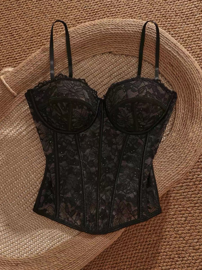 French-style black lace cinched waist halter top, unique style, sophisticated and sexy strapless top for women.