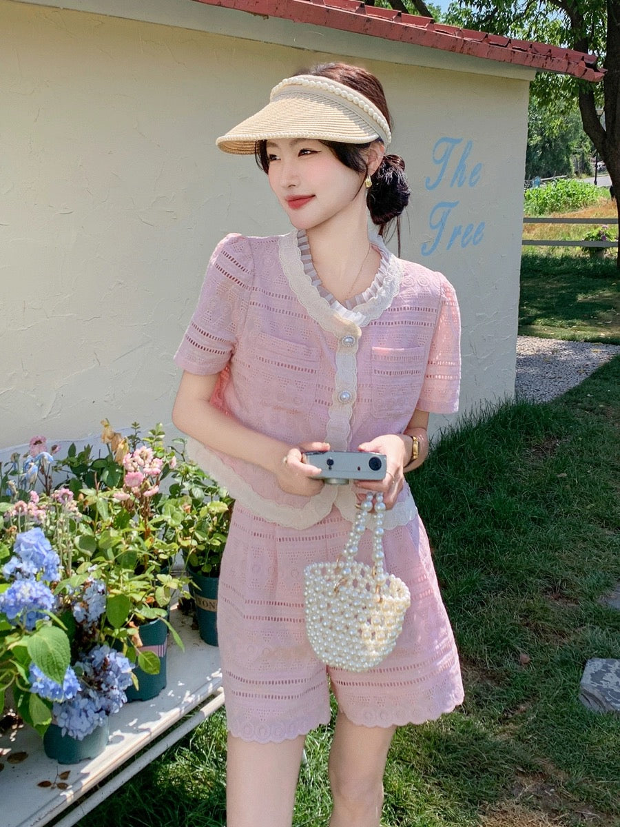 Pink celebrity style small fragrance suit for women summer 2024 new style stunning lace hollow top shorts two-piece set