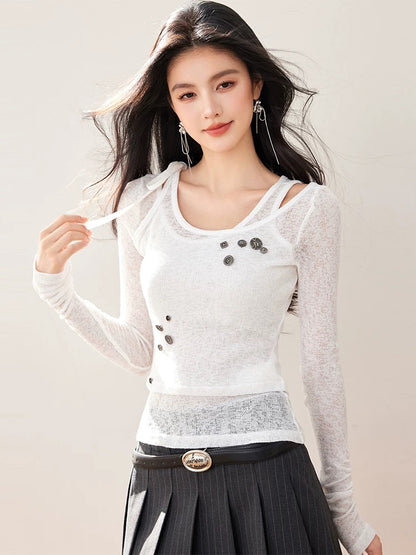 Very good-looking fake two-piece slim-fit thin knitted T-shirt for women's autumn design unique and chic cardigan top