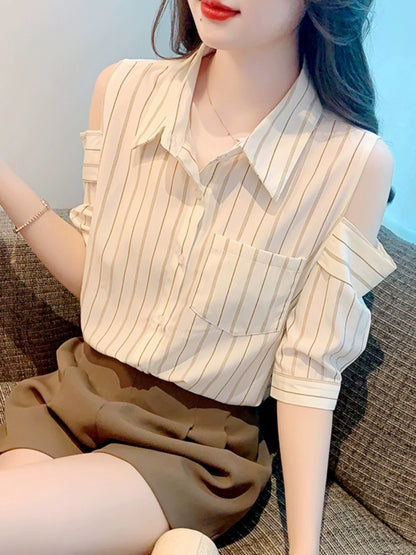 French fashion temperament striped off-shoulder shirt women's short-sleeved versatile slimming age-reducing shirt popular chic top