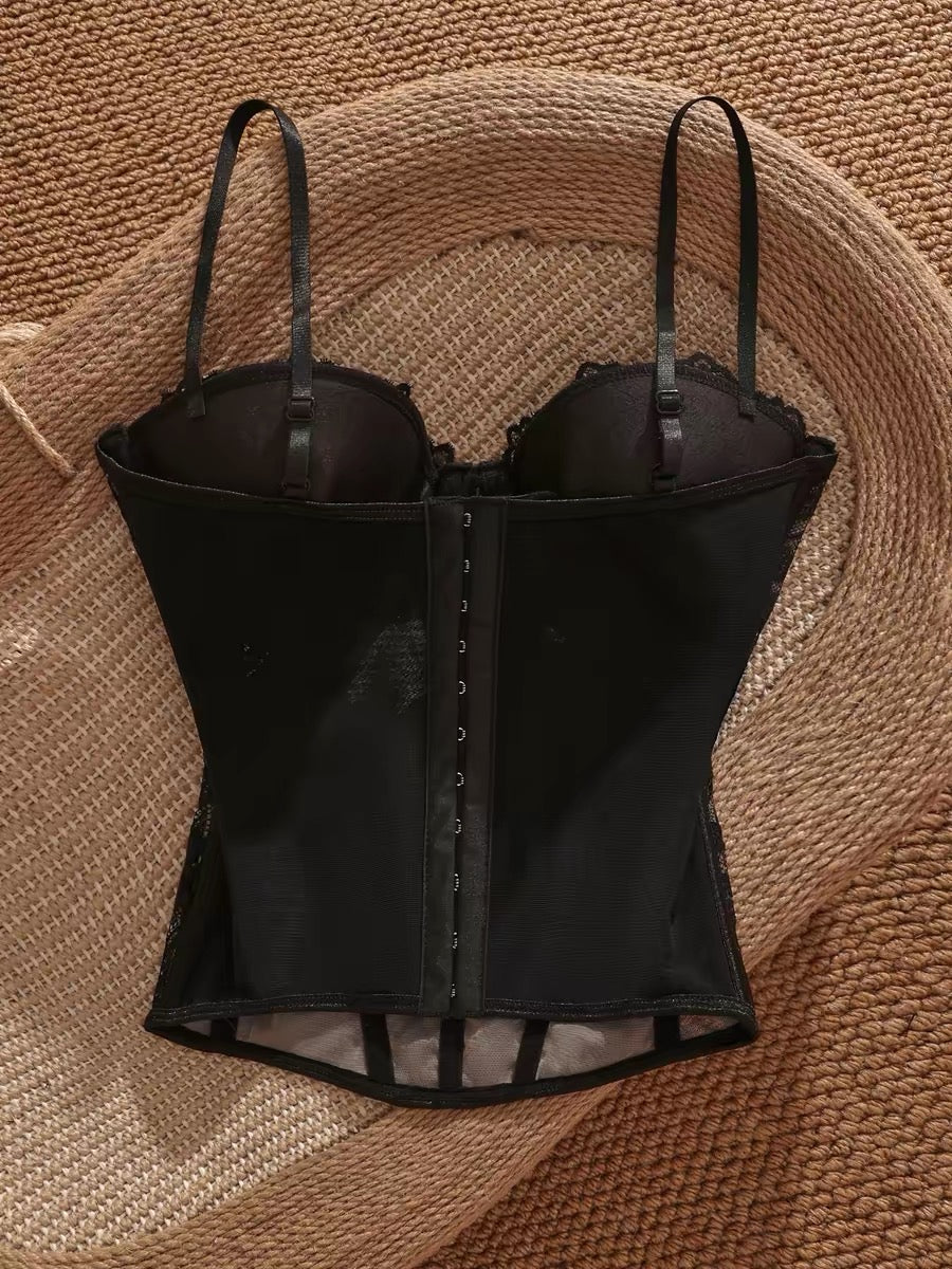 French-style black lace cinched waist halter top, unique style, sophisticated and sexy strapless top for women.
