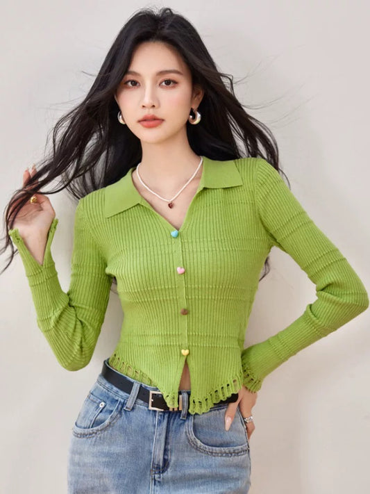 Women's short pullover sweater 2025 new waist slim fit long sleeve top lapel small green sweater jacket