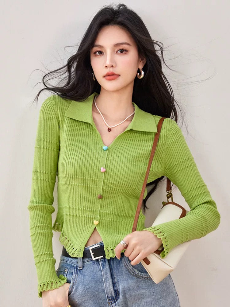 Women's short pullover sweater 2025 new waist slim fit long sleeve top lapel small green sweater jacket