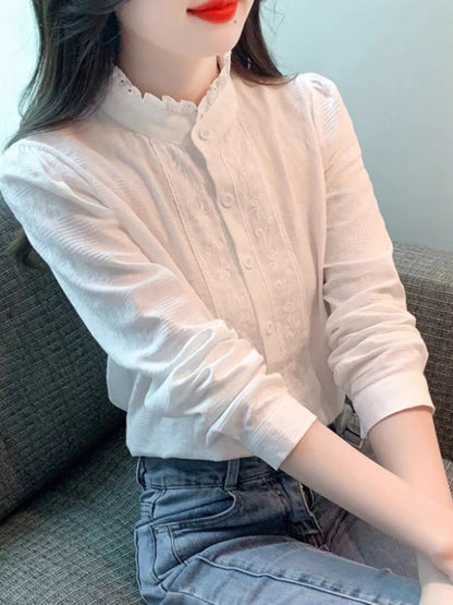 French lace collar long-sleeved white shirt women's thin 2024 autumn new style high-end age-reducing versatile top
