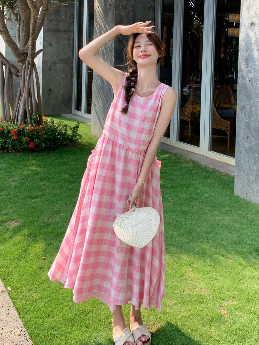 Beautiful breasts fufu pink plaid vest dress women summer 2024 new first love pure milk sweet loose long skirt
