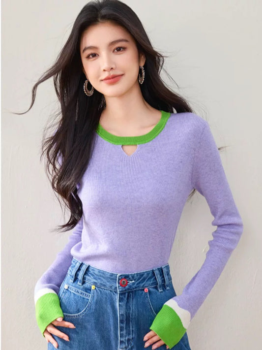 Purple long-sleeved sweater for women, new Korean style for autumn and winter, slim fit, color matching bottoming sweater, inner top