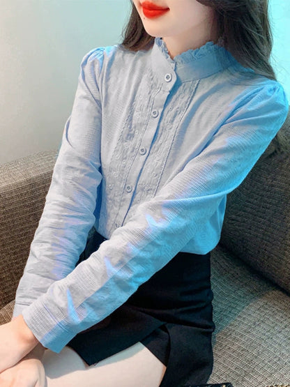 French lace collar long-sleeved white shirt women's thin 2024 autumn new style high-end age-reducing versatile top