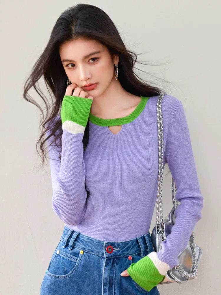 Purple long-sleeved sweater for women, new Korean style for autumn and winter, slim fit, color matching bottoming sweater, inner top