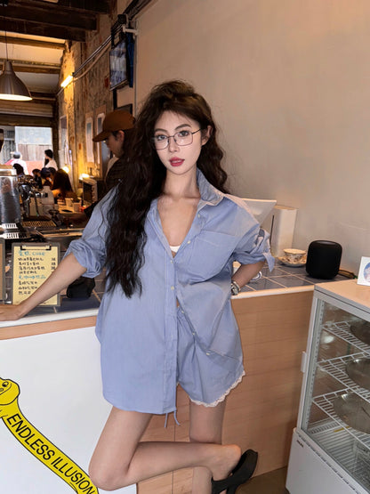 Korean blue striped polo collar long-sleeved shirt women's summer loose niche shirt mid-length sun protection top