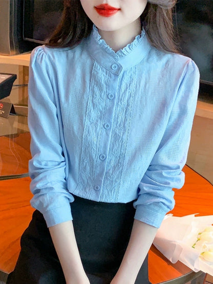 French lace collar long-sleeved white shirt women's thin 2024 autumn new style high-end age-reducing versatile top