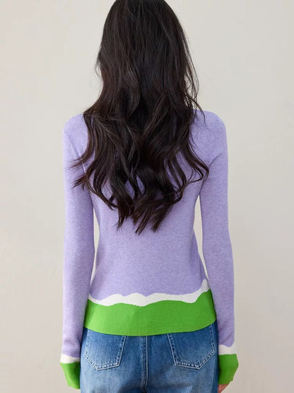 Purple long-sleeved sweater for women, new Korean style for autumn and winter, slim fit, color matching bottoming sweater, inner top