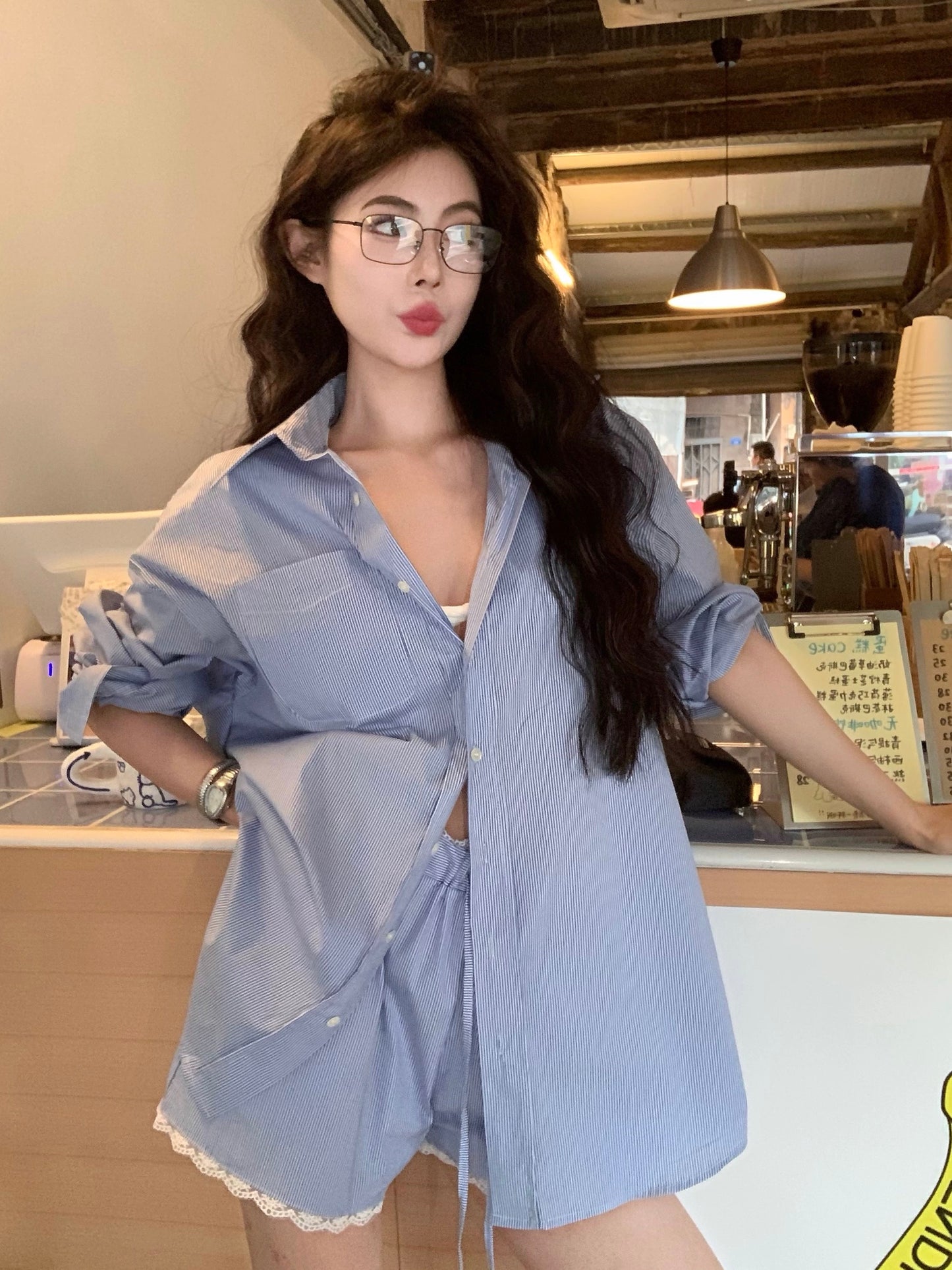 Korean blue striped polo collar long-sleeved shirt women's summer loose niche shirt mid-length sun protection top