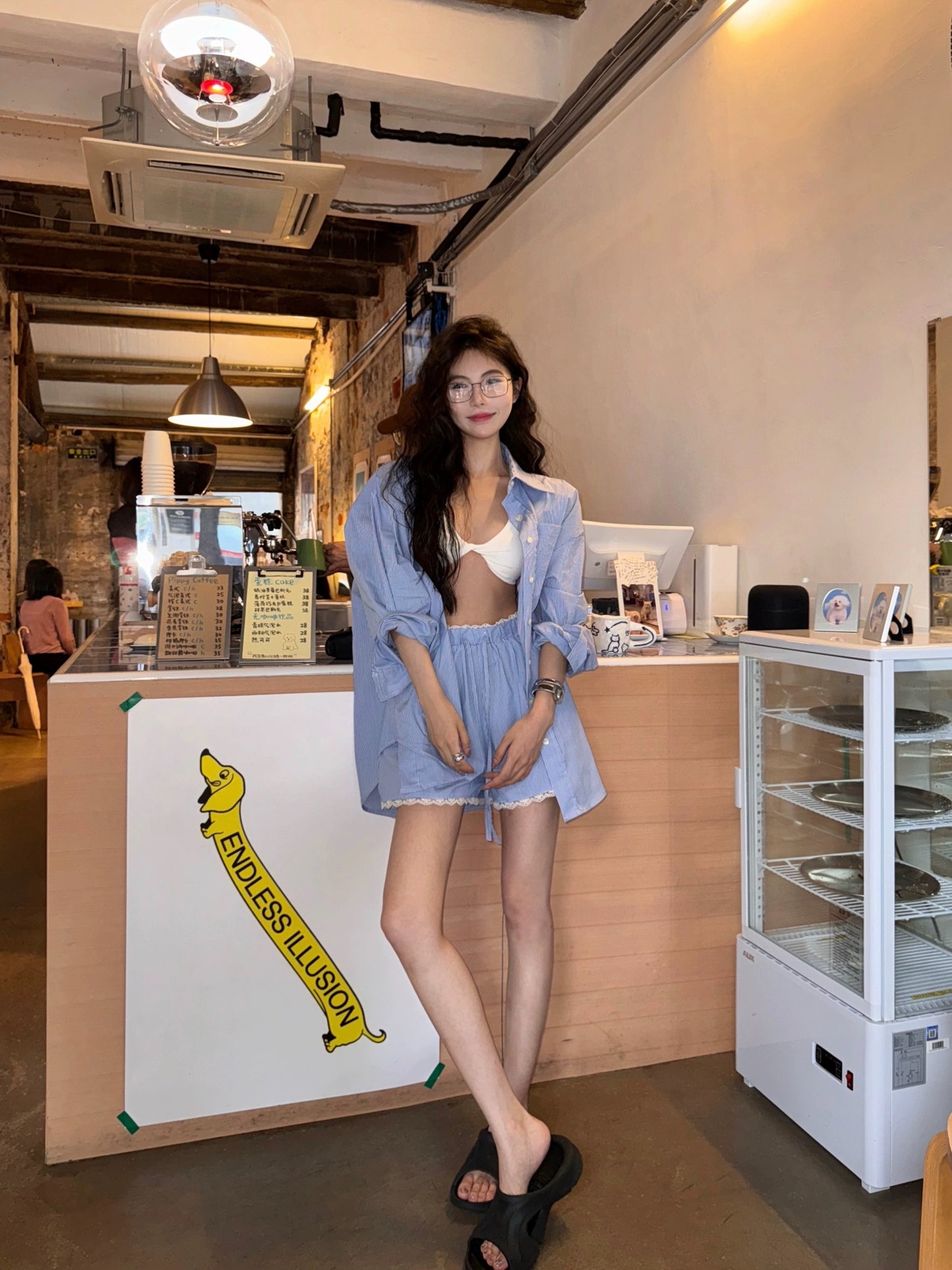 Korean blue striped polo collar long-sleeved shirt women's summer loose niche shirt mid-length sun protection top
