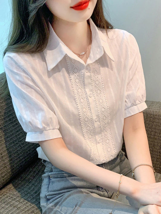 French thin simple white shirt summer new T-shirt versatile casual women's short-sleeved shirt small design sense
