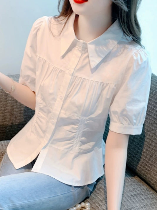 White Polo collar shirt women's design niche 2024 summer new short-sleeved temperament pleated waist top