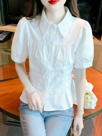 White Polo collar shirt women's design niche 2024 summer new short-sleeved temperament pleated waist top