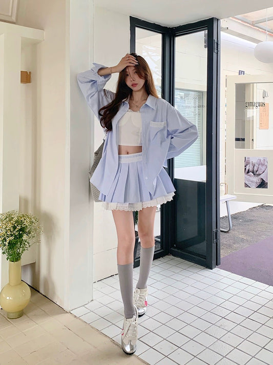 College style suit for women, loose sun protection striped shirt, summer A-line skirt, pleated skirt, Korean style two-piece trendy set