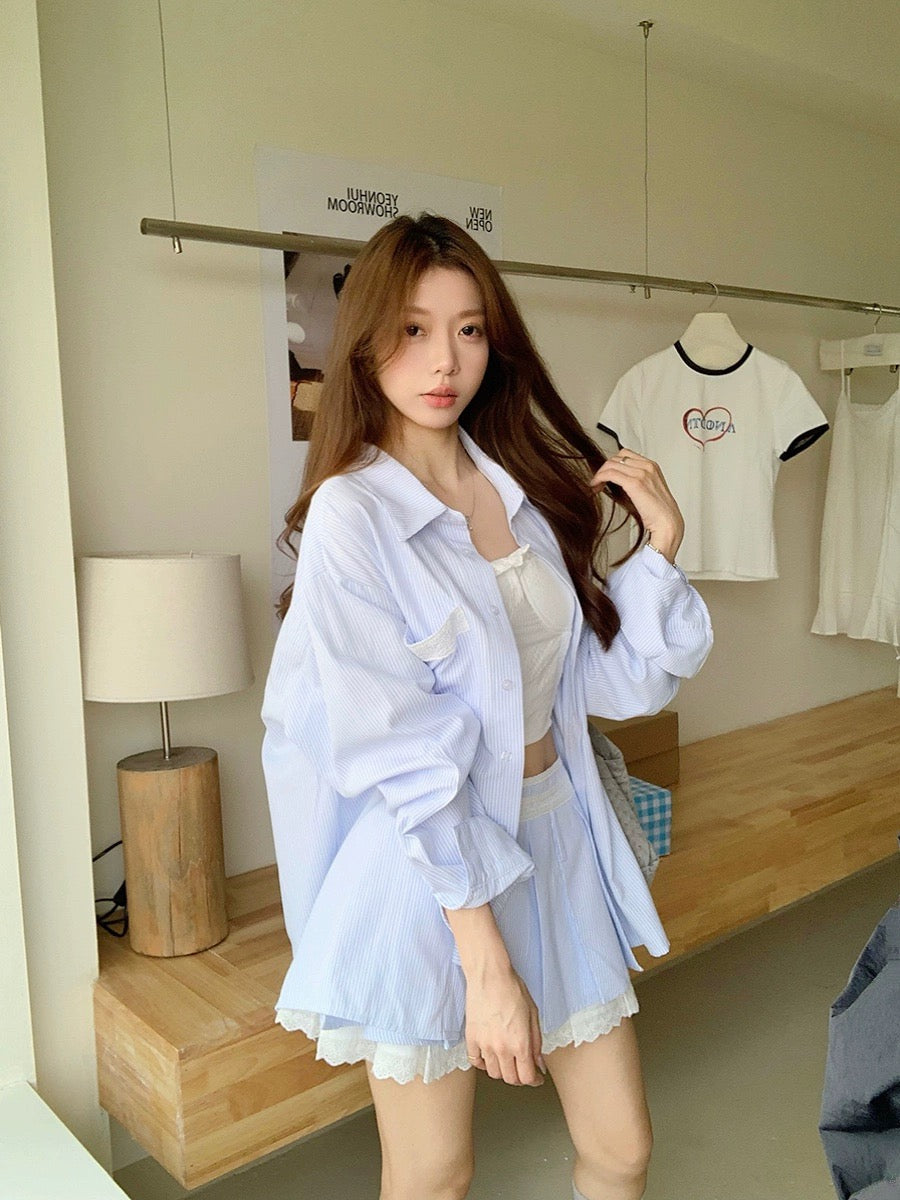 College style suit for women, loose sun protection striped shirt, summer A-line skirt, pleated skirt, Korean style two-piece trendy set